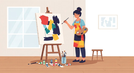 A female artist is painting an abstract artwork on a canvas in her studio, showcasing her creativity and passion