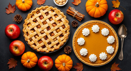 Delicious homemade apple pie and pumpkin pie with fresh apples and mini pumpkins, perfect for a fall feast