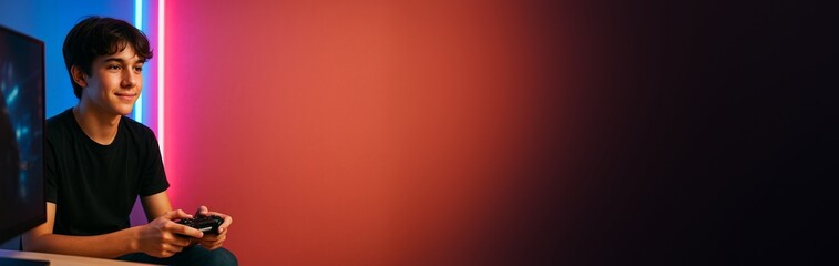 Teen boy playing video game with controller, sitting in modern room with neon lights and red gradient background, space for design or banner. Ai generative