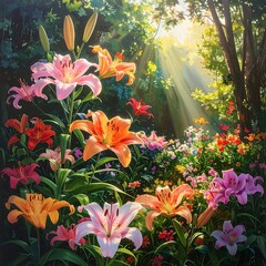 Vibrant floral scene with colorful lilies bathed in bright sunlight