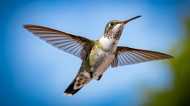 Hummingbird flying in mid air with open wings and blue sky background
