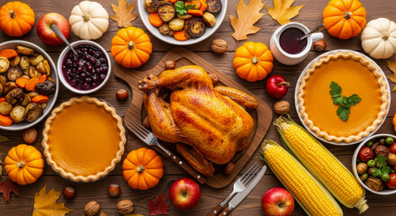 Overhead view of a festive thanksgiving dinner spread with roasted turkey, pumpkin pie, side dishes, and autumn decor