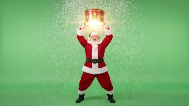 Santa Claus with glowing Christmas Drum: A jovial santa claus holds a golden drum aloft with a magical, festive shower above the background of light green.