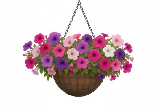 Hanging basket of colorful petunia flowers blooming, vibrant pink, purple, and white petals, transparent background
