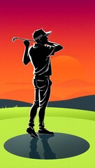 Golfer silhouette on green at sunset with a black shadow and success in the sky