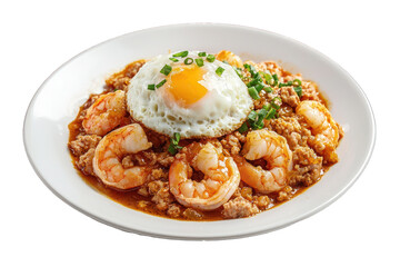 Delicious shrimp and pork with fried egg food photography on transparent background