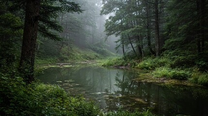 Obraz premium Haunted Nature Scene with Foggy Pond and Overgrown Forest 