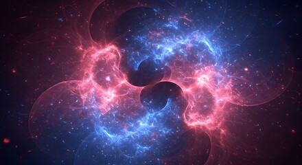 Abstract, swirling nebula composed of fiery red and cool blue elements on a dark backdrop
