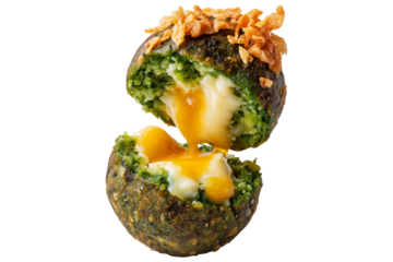 Ecuador boln de Verde green plantain spinach and mashed potato ball with melted cheese, isolated on white transparent background, concept of South American Cuisine and vegetarian snack