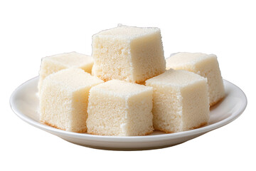 Buy delicious white coconut cake cubes desserts online now on transparent background