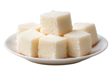 Buy delicious white coconut cake cubes desserts online now on transparent background
