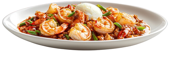 Delicious shrimp stir fry recipe with rice and vegetables on transparent background