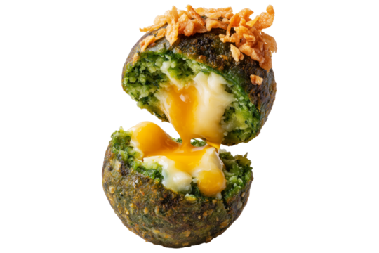 Ecuador boln de Verde green plantain spinach and mashed potato ball with melted cheese, isolated on white transparent background, concept of South American Cuisine and vegetarian snack