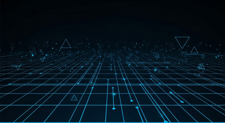 A futuristic grid landscape with glowing blue lines and geometric shapes, creating a sense of depth and perspective in a digital and technological environment