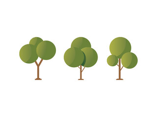 A set of three stylized, simple illustrations of trees with green, round canopies and brown trunks, designed in a flat or minimal style.
