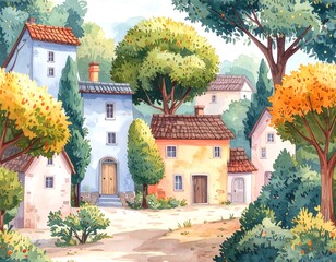 Watercolor depiction of a quaint village nestled amidst lush trees