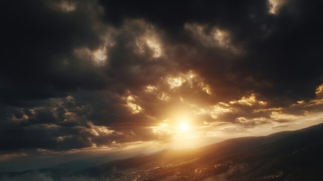 Dramatic sunset with the sun partially obscured by dense clouds, striking rays contrasting against dark cloudy skies,