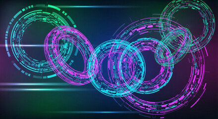Abstract technology background with glowing neon circles, futuristic digital innovation concept with vibrant colors and dynamic geometric shapes