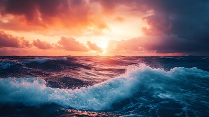 A vibrant sunset over the ocean with dramatic waves crashing in the foreground.