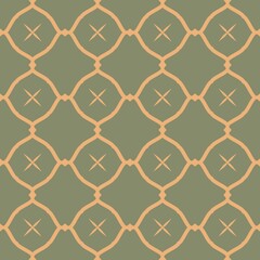 Fototapeta premium Classic trellis pattern featuring soft golden lines in olive tones. Delicate curves and diamond Moroccan seamless pattern in warm ochre and sage hues. Organic golden lines weave across a muted olive.