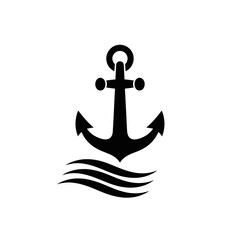 Anchor Silhouette Vector – Nautical Marine Symbol with Ocean Waves for Maritime Design