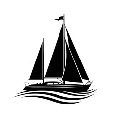 Sailing Boat Silhouette Vector – Black and White Yacht Illustration on Ocean Waves