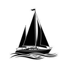 Sailing Boat Silhouette Vector – Black and White Yacht Illustration on Ocean Waves