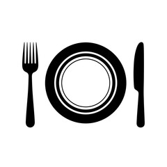 Dining Plate Icon &ndash; Black Silhouette of Fork, Knife, and Dish Vector Illustration