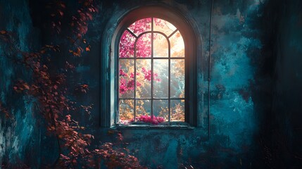 A weathered arch window in a dark room, with vibrant pink flowers growing outside and sunlight streaming in.