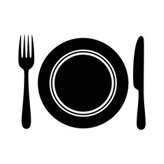 Dining Plate Icon &ndash; Black Silhouette of Fork, Knife, and Dish Vector Illustration