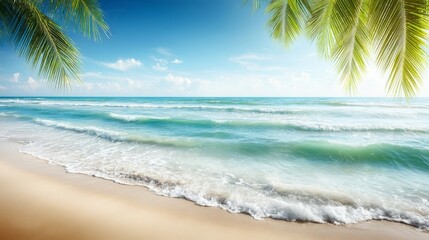 Serene beach scene with clear turquoise waves gently lapping sandy shoreline, palm leaves framing tropical flora,