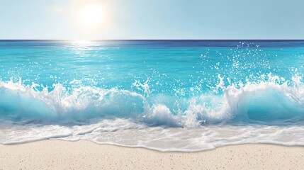 Serene beach with clear blue water gently lapping sandy shores, crisp waves creating white foam,