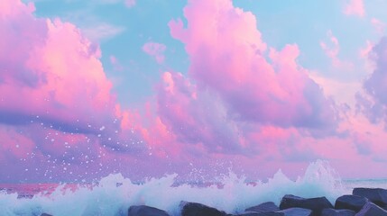 Sunrise or sunset ocean scene with pink and purple clouds, blue water, crashing waves against rocky shoreline,