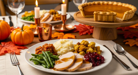 Thanksgiving dinner plate with turkey, mashed potatoes, green beans, cranberry sauce, and pie