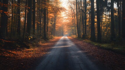 Fototapeta premium A winding road through a misty forest with golden autumn leaves.