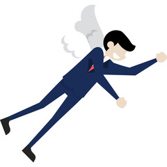 Pixelated Man In A Blue Suit With Wings Flying With Arms Outstretched In A Joyful Pose Against A White Background