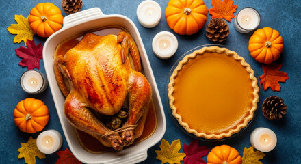 A festive thanksgiving dinner spread with a roasted turkey, pumpkin pie, small pumpkins, pinecones, and candles