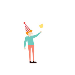 Pixelated Man in Red Striped Party Hat Holding a Yellow Flame on a Transparent Background