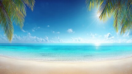 Serene tropical beach with vivid blue skies, turquoise water meeting sandy shore, palm trees framing the scene,
