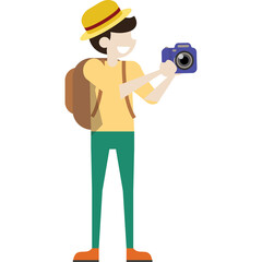 Pixelated Tourist Man with Camera and Backpack Takes Photo Outdoors Wearing Yellow Hat Yellow Shirt Green Pants Orange Shoes Isolated on Transparent Background
