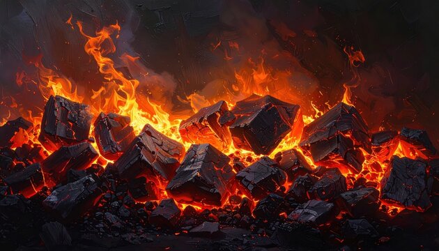 Burning coal glows intensely with vibrant orange and red flames engulfing the rough textured dark blocks in a dramatic display of heat and energy.