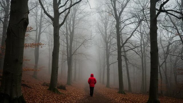 Person in red jacket walking through foggy autumn forest