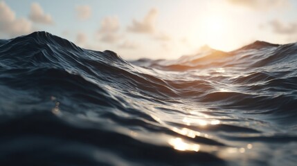 Serene seascape under the setting sun, sunlight reflecting off the sea surface with shimmering effect,