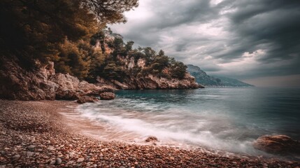 A tranquil coastal landscape with rocky shoreline, gentle waves, secluded cove,