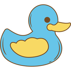 Cute blue rubber duck toy with yellow belly and beak illustration simple and clean design against a transparent background