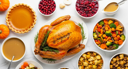 A thanksgiving meal featuring a roasted turkey, pumpkin pie, cranberry sauce, and vegetables
