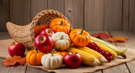 Cornucopia overflowing with autumn harvest bounty including pumpkins, apples, and corn on a rustic wooden table