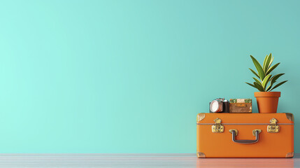 Vintage suitcase rests wooden floor against turquoise wall, adorned with potted plant and camera, evoking sense of adventure