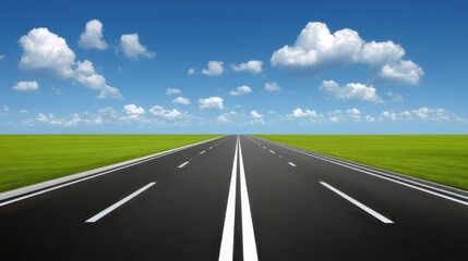 Fototapeta premium A straight multi-lane roadway stretches under clear blue skies with white lane markings,