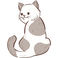 Cute Cartoon Cat With White and Gray Fur Sitting And Looking Back Over Shoulder with Pink Nose and Square Eyes and Transparent Background